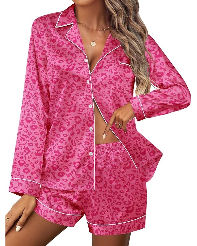 Silk Pajamas Womens Long Sleeve Sleepwear Soft Satin Button Down Loungewear 2 Piece Pjs Shorts Set S-XXL Pink Leopard $19.79 ...