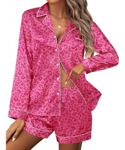 Silk Pajamas Womens Long Sleeve Sleepwear Soft Satin Button Down Loungewear 2 Piece Pjs Shorts Set S-XXL Pink Leopard $19.79 ...