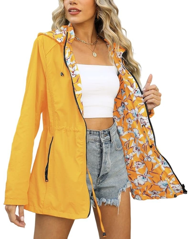 Women Reversible Lightweight Jacket Casual Windbreaker Outerwear Waterproof Outdoor Printed Raincoat Yellow $22.55 Coats