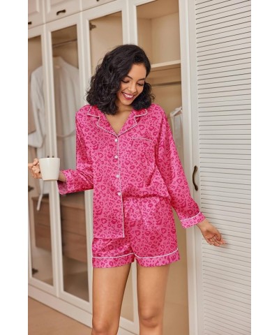 Silk Pajamas Womens Long Sleeve Sleepwear Soft Satin Button Down Loungewear 2 Piece Pjs Shorts Set S-XXL Pink Leopard $19.79 ...