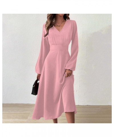 Womens Fall Dresses Solid Long Sleeve V Neck Wedding Guest Dress Casual Elegant Cocktail Party Dress 02-pink $10.28 Dresses