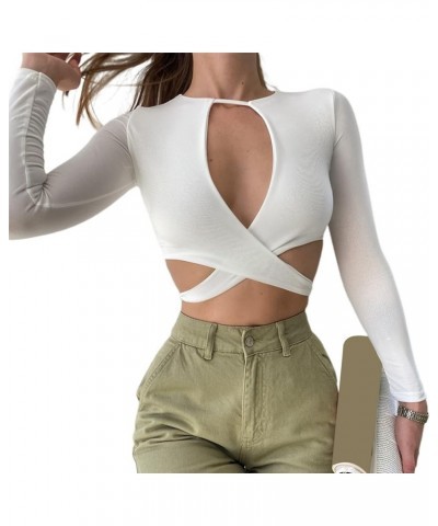 Women Sexy Hollow Out T-Shirt Sexy Vintage Floral Slim-fit Long Sleeve Cutout Crop Tops Streetwear Club Wear Cross White $8.2...