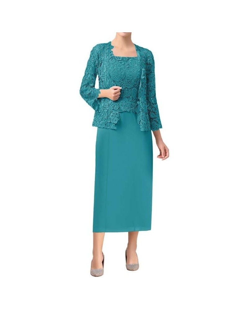 Mother of The Bride Dress with Jacket Lace Evening Dresses Long Sleeve Wedding Guest Dresses for Women Turquoise $36.19 Dresses