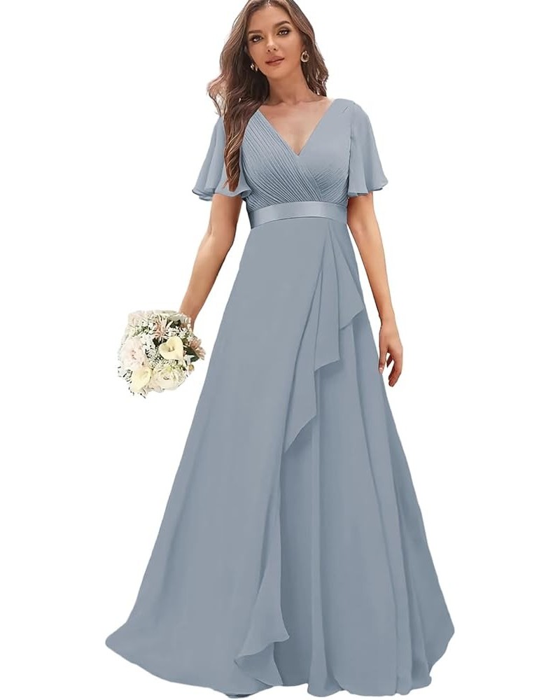 Chiffon Bridesmaid Dresses with Sleeves Long Formal Wedding Guest Dress for Women V Neck Evening Gown Dusty Blue $27.53 Dresses