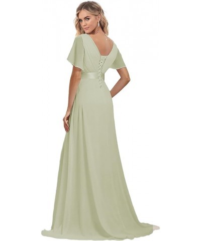 Chiffon Bridesmaid Dresses with Sleeves Long Formal Wedding Guest Dress for Women V Neck Evening Gown Dusty Blue $27.53 Dresses