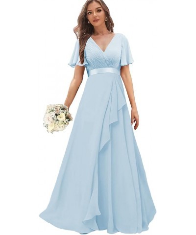 Chiffon Bridesmaid Dresses with Sleeves Long Formal Wedding Guest Dress for Women V Neck Evening Gown Dusty Blue $27.53 Dresses