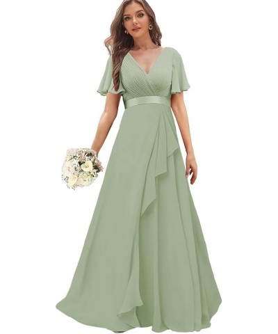 Chiffon Bridesmaid Dresses with Sleeves Long Formal Wedding Guest Dress for Women V Neck Evening Gown Dusty Blue $27.53 Dresses