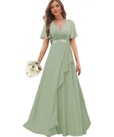 Chiffon Bridesmaid Dresses with Sleeves Long Formal Wedding Guest Dress for Women V Neck Evening Gown Dusty Blue $27.53 Dresses