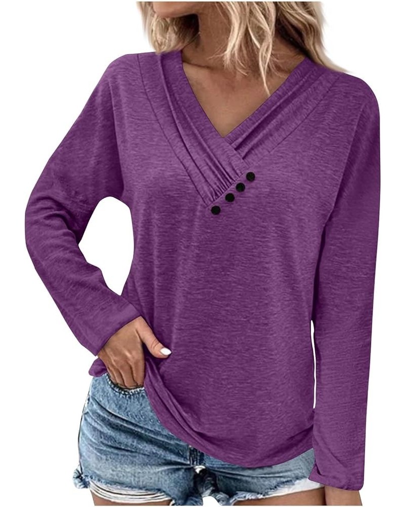 Womens Long Sleeve T Shirts Solid Colour Top Loose Fit Tees Button Down Blouse Causal Tops Tunic Blouses for Fall 4-dark Purp...