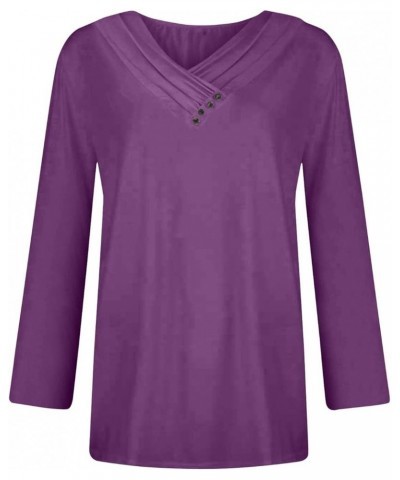 Womens Long Sleeve T Shirts Solid Colour Top Loose Fit Tees Button Down Blouse Causal Tops Tunic Blouses for Fall 4-dark Purp...