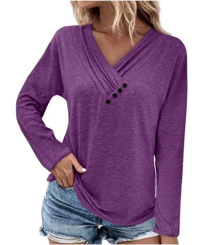 Womens Long Sleeve T Shirts Solid Colour Top Loose Fit Tees Button Down Blouse Causal Tops Tunic Blouses for Fall 4-dark Purp...