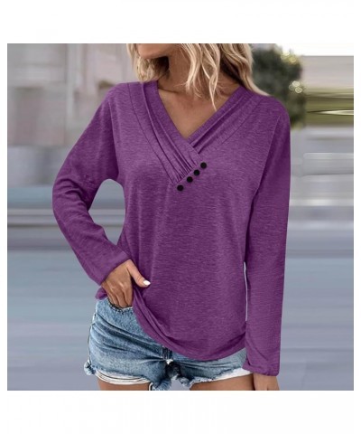 Womens Long Sleeve T Shirts Solid Colour Top Loose Fit Tees Button Down Blouse Causal Tops Tunic Blouses for Fall 4-dark Purp...