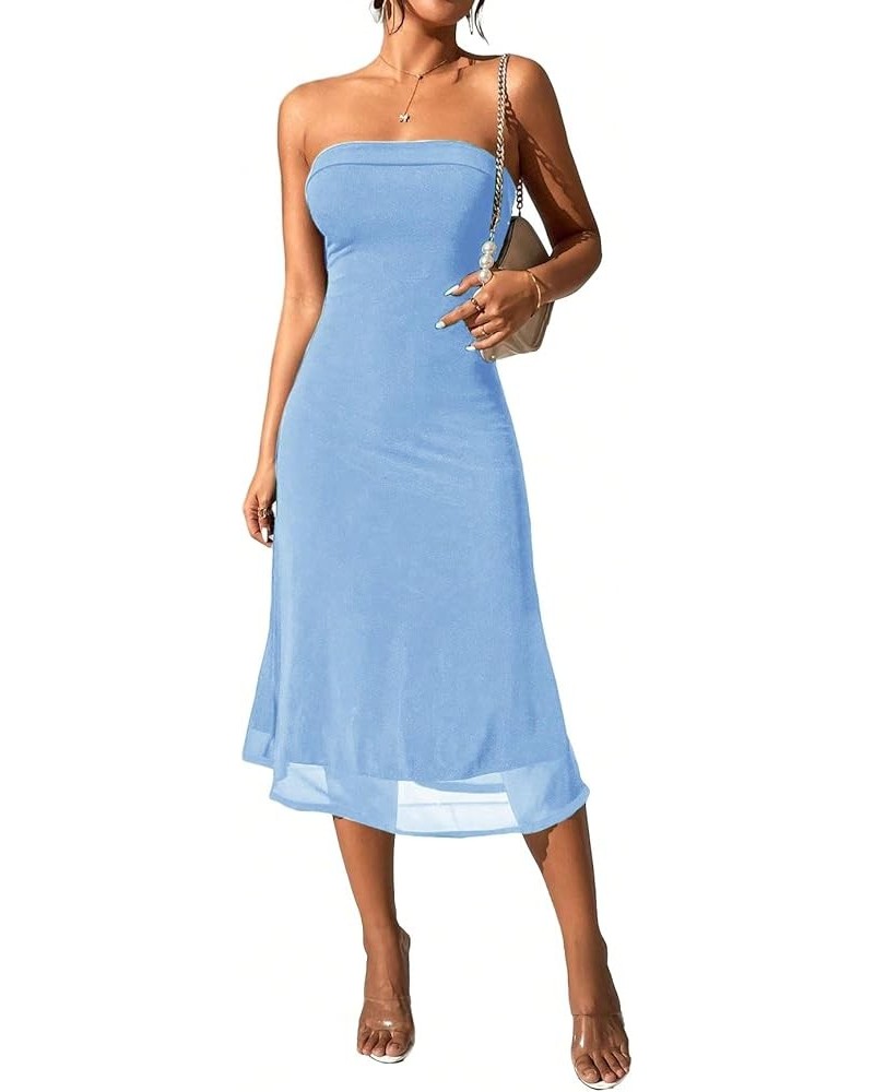 Women's Strapless Midi Dress Tube Top Off Shoulder Sleeveless Fitted Cocktail Club Party Formal Long Dresses Solid Blue $17.0...