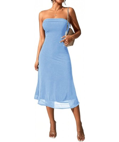 Women's Strapless Midi Dress Tube Top Off Shoulder Sleeveless Fitted Cocktail Club Party Formal Long Dresses Solid Blue $17.0...