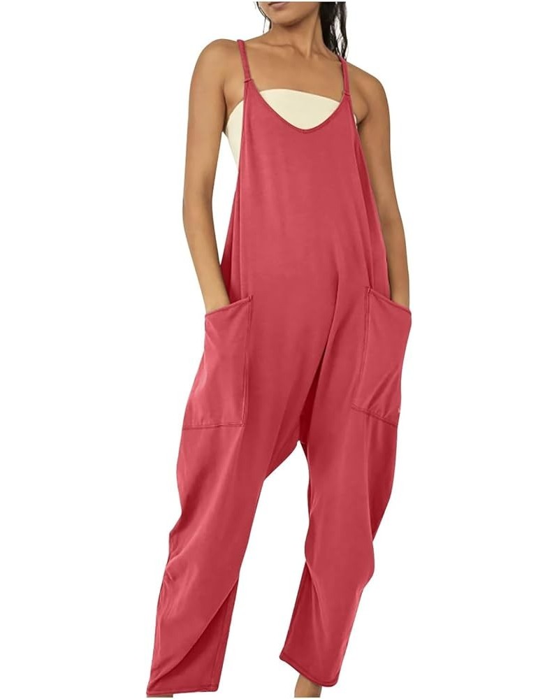 Jumpsuits for Women Casual Loose Sleeveless Overall Jumpsuits Summer Wide Leg Romper Cotton Baggy Pants with Pockets Hot Pink...