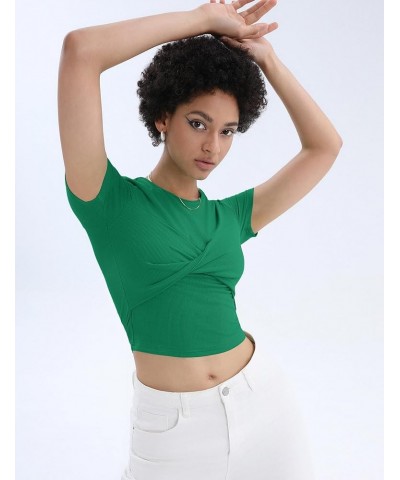 Women Short Sleeve Crewneck Twist Knot Front Crop Top Basic Ribbed Knit Shirt Fashion Trendy Green $11.20 T-Shirts