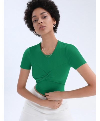 Women Short Sleeve Crewneck Twist Knot Front Crop Top Basic Ribbed Knit Shirt Fashion Trendy Green $11.20 T-Shirts