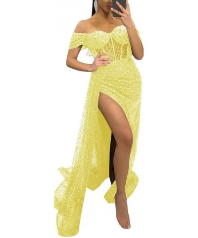 Luxury Fitted Prom Dresses Long with Slit Mermaid Beading Formal Evening Gowns for Wedding Guest Off Shoulder Yellow $74.47 D...