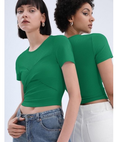 Women Short Sleeve Crewneck Twist Knot Front Crop Top Basic Ribbed Knit Shirt Fashion Trendy Green $11.20 T-Shirts