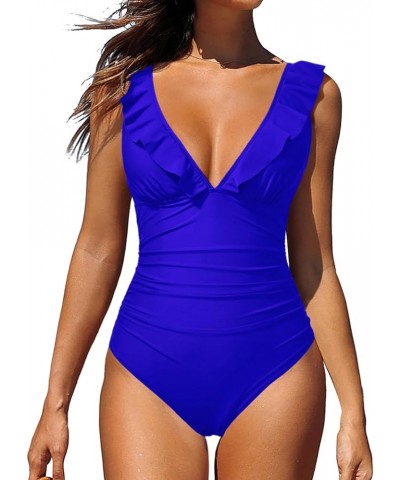 Women Ruffle V Neck One Piece Swimsuit Tummy Control Bathing Suit Full Coverage Swimwear Royal Blue $17.15 Swimsuits