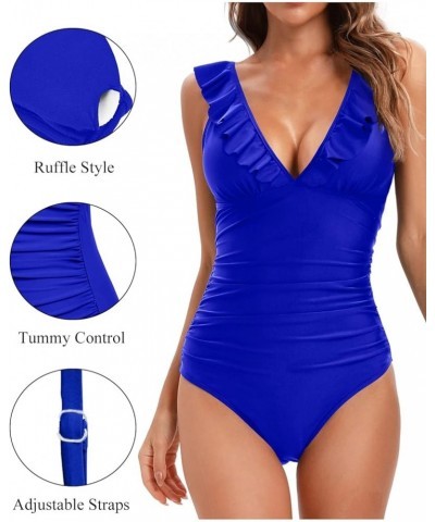 Women Ruffle V Neck One Piece Swimsuit Tummy Control Bathing Suit Full Coverage Swimwear Royal Blue $17.15 Swimsuits