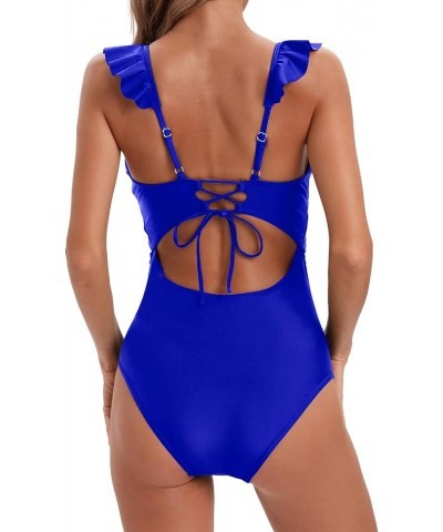 Women Ruffle V Neck One Piece Swimsuit Tummy Control Bathing Suit Full Coverage Swimwear Royal Blue $17.15 Swimsuits