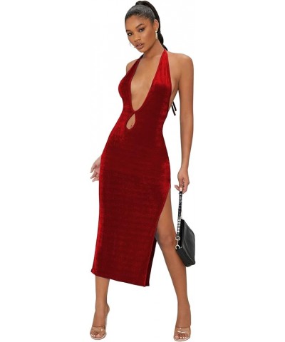 Women's Halter Neck Sleeveless Split Thigh Party Bodycon Long Dress Wine Red $22.13 Dresses