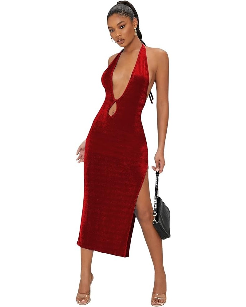 Women's Halter Neck Sleeveless Split Thigh Party Bodycon Long Dress Wine Red $22.13 Dresses