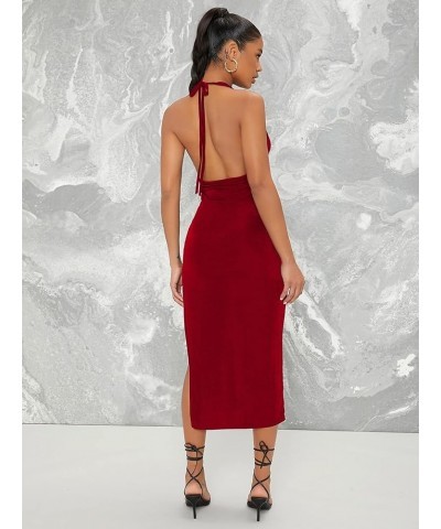 Women's Halter Neck Sleeveless Split Thigh Party Bodycon Long Dress Wine Red $22.13 Dresses