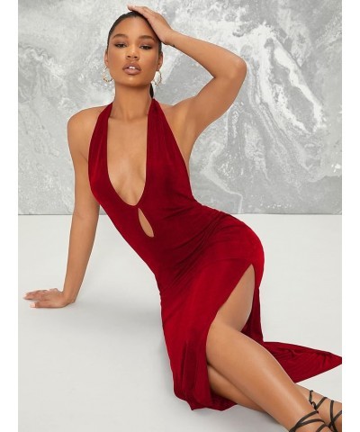 Women's Halter Neck Sleeveless Split Thigh Party Bodycon Long Dress Wine Red $22.13 Dresses