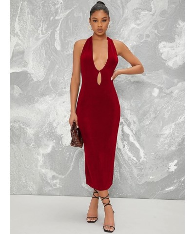 Women's Halter Neck Sleeveless Split Thigh Party Bodycon Long Dress Wine Red $22.13 Dresses