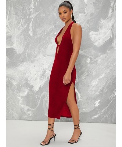 Women's Halter Neck Sleeveless Split Thigh Party Bodycon Long Dress Wine Red $22.13 Dresses