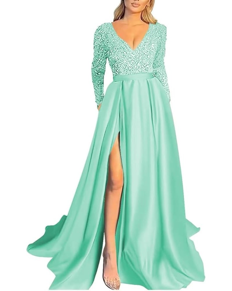 V Neck Long Sleeve Prom Dresses with Slit Sequin Satin Formal Evening Party Gowns with Pocket for Women Mint $41.24 Dresses