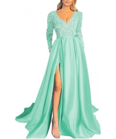 V Neck Long Sleeve Prom Dresses with Slit Sequin Satin Formal Evening Party Gowns with Pocket for Women Mint $41.24 Dresses