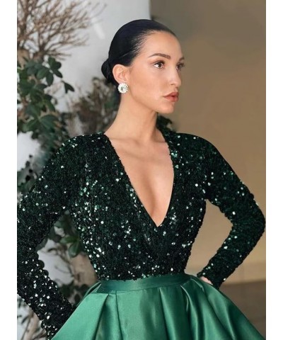 V Neck Long Sleeve Prom Dresses with Slit Sequin Satin Formal Evening Party Gowns with Pocket for Women Mint $41.24 Dresses