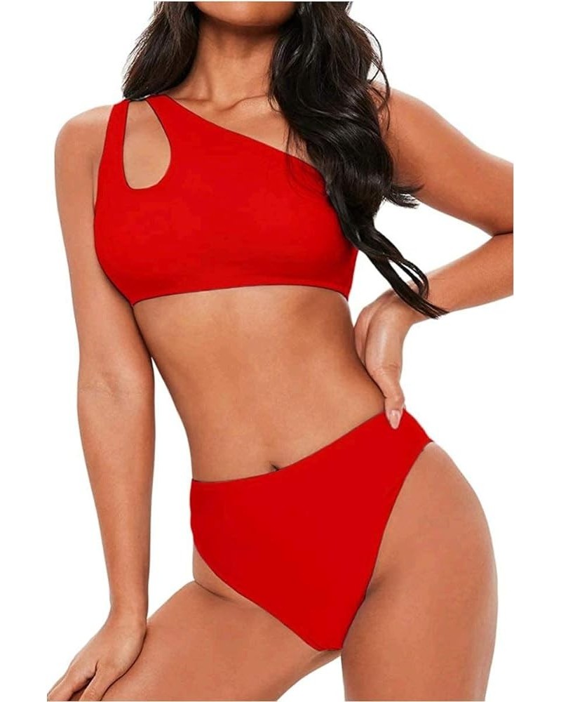 Women's Bikini Set Cutout One Shoulder High Waist Two Piece Swimsuit Red $12.80 Swimsuits