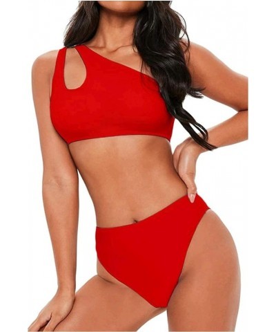 Women's Bikini Set Cutout One Shoulder High Waist Two Piece Swimsuit Red $12.80 Swimsuits