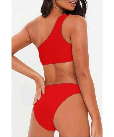 Women's Bikini Set Cutout One Shoulder High Waist Two Piece Swimsuit Red $12.80 Swimsuits