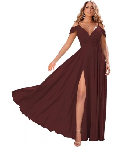 Off Shoulder Bridesmaid Dresses for Women Pleated Chiffon Long Formal Wedding Guests Dresses with Slit Burgundy $25.30 Dresses