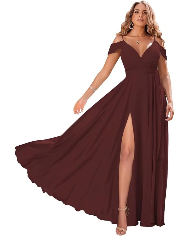 Off Shoulder Bridesmaid Dresses for Women Pleated Chiffon Long Formal Wedding Guests Dresses with Slit Burgundy $25.30 Dresses