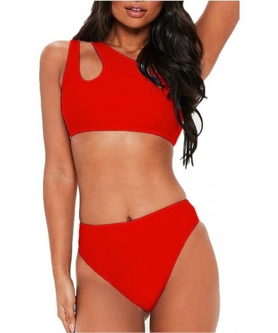 Women's Bikini Set Cutout One Shoulder High Waist Two Piece Swimsuit Red $12.80 Swimsuits