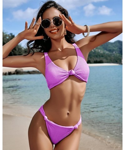 Two Piece Swimsuit for Women High Cut Bikini Sets Ribbed Push Up Tops Sexy Bathing Suit Cheeky Bottoms Teens Purple Bathing S...