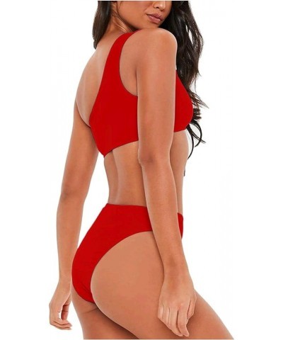 Women's Bikini Set Cutout One Shoulder High Waist Two Piece Swimsuit Red $12.80 Swimsuits