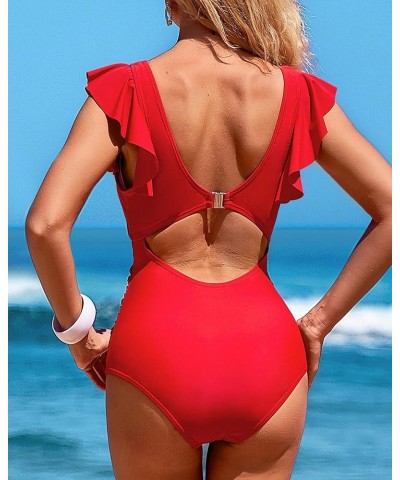 Womens One Piece Swimsuit Ruched Tummy Control High Cut Backless V Neck Bathing Suits Swimwear 6c Red $18.19 Swimsuits