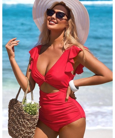 Womens One Piece Swimsuit Ruched Tummy Control High Cut Backless V Neck Bathing Suits Swimwear 6c Red $18.19 Swimsuits