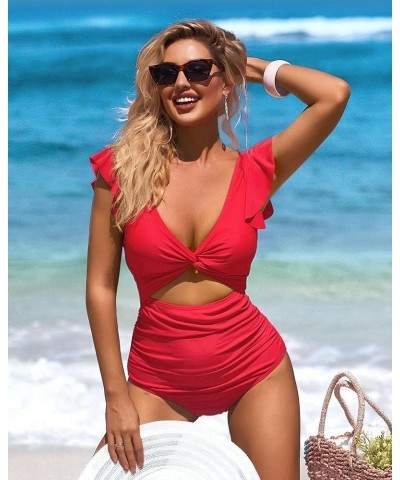 Womens One Piece Swimsuit Ruched Tummy Control High Cut Backless V Neck Bathing Suits Swimwear 6c Red $18.19 Swimsuits