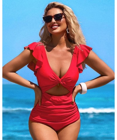 Womens One Piece Swimsuit Ruched Tummy Control High Cut Backless V Neck Bathing Suits Swimwear 6c Red $18.19 Swimsuits