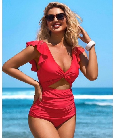 Womens One Piece Swimsuit Ruched Tummy Control High Cut Backless V Neck Bathing Suits Swimwear 6c Red $18.19 Swimsuits