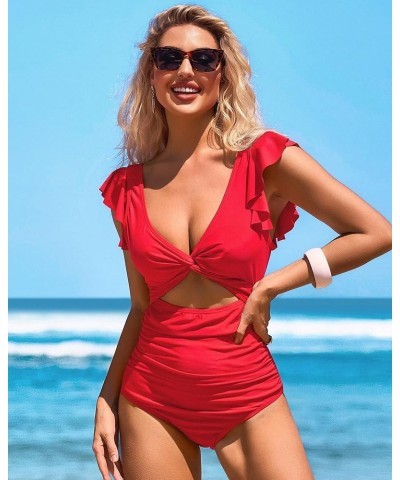 Womens One Piece Swimsuit Ruched Tummy Control High Cut Backless V Neck Bathing Suits Swimwear 6c Red $18.19 Swimsuits