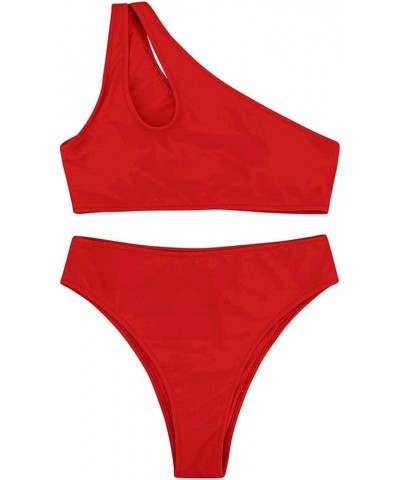 Women's Bikini Set Cutout One Shoulder High Waist Two Piece Swimsuit Red $12.80 Swimsuits